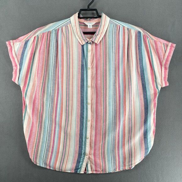 Time And Tru Tops - Time & Tru Womens Shirt XXL Linen Blend Button Front Pink Vertical Stripes 2XL